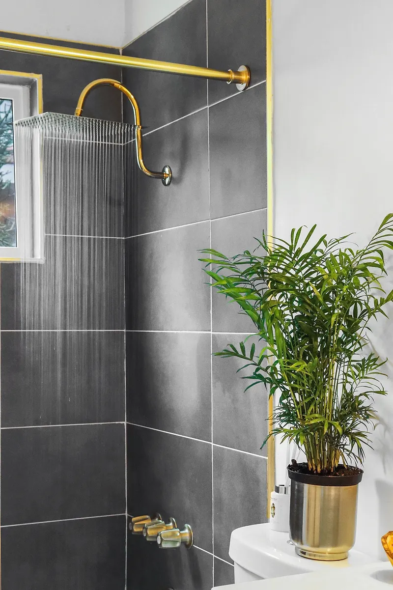 Renovated bathroom with dark tiled walls, a white vanity and brass fixtures